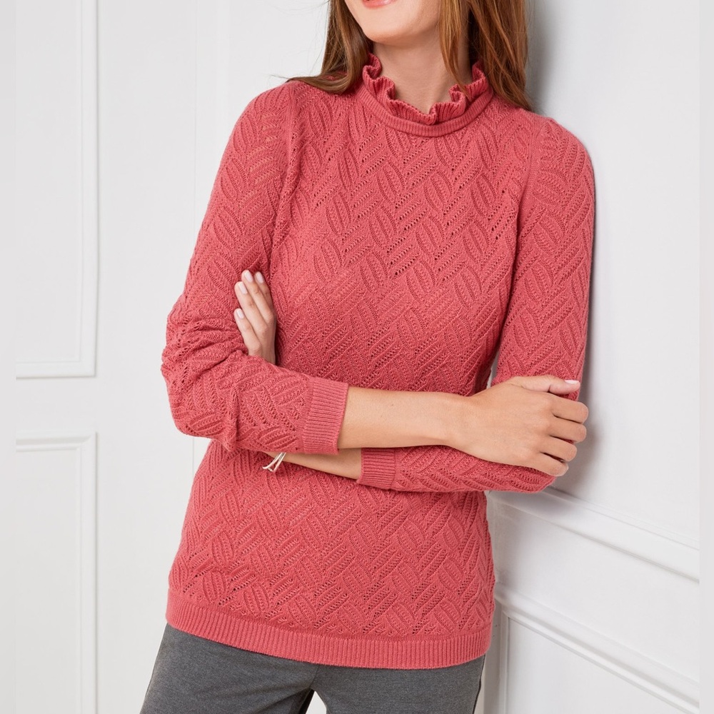 Talbots TEXTURE STITCH RUFFLE NECK PULLOVER Sweater Pink
